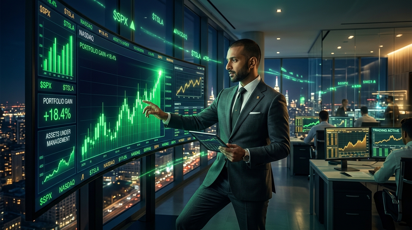 FundTech Solutions — Expert SEBI-registered wealth advisor reviewing live market data on premium trading dashboard